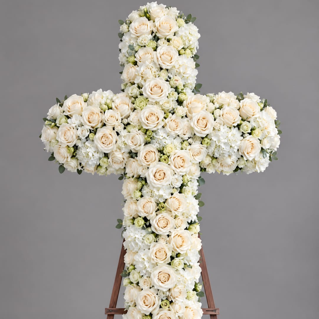 White floral cross arrangement with roses and hydrangeas on a wooden stand