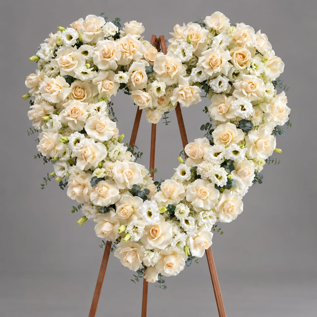 Heart-shaped floral wreath of cream roses and white blooms on a wooden easel