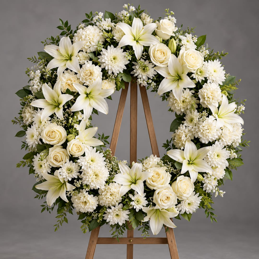 White floral wreath on a wooden easel with lilies, roses, and mums