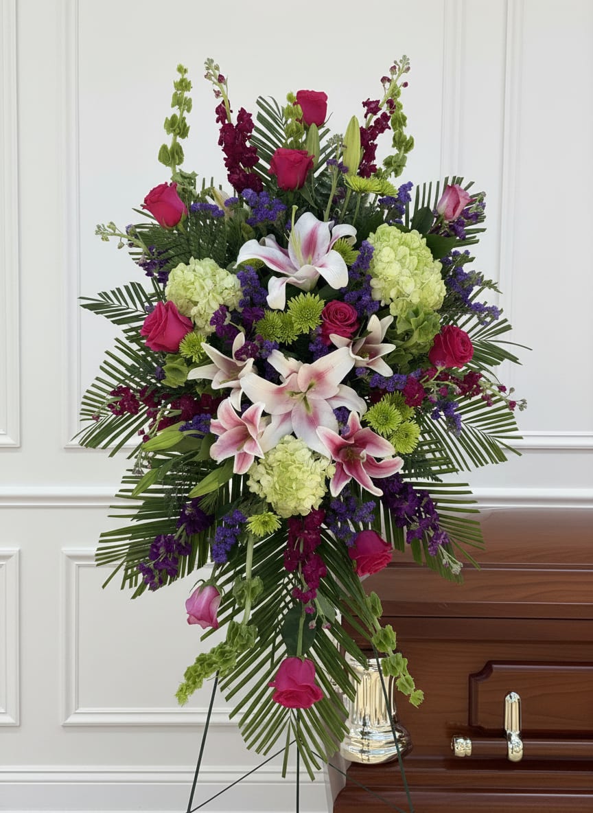 Heavenly Elegamce Collection  - A lush, tall standing spray that reads as a polished floral tribute-this sympathy arrangement combines pink roses and white-and-pink lilies with pale green hydrangeas and purple filler flowers for a vivid, high-contrast display perfect for memorials and funeral services. The vertical form-accented by long palm fronds and upright spikes-gives the piece a formal, ceremonial presence that will make the person you're honoring feel remembered and respected.  Dense, layered blooms create a textured blend of soft petals and architectural foliage: sweet-faced roses, fragrant lilies, full hydrangea clusters, snapdragons and chrysanthemums fill the composition from top to bottom. Finished on a standing easel (also available in a glass vase option), the design reads large and substantial with a refined silhouette in pink, purple, white, and green.  Choose this arrangement to convey sympathy, remembrance, or deep condolences-the kind of floral tribute that offers comfort and looks dignified at a service or memorial. Available in a full standing size; please let us know service details or delivery timing so we can ensure a fresh, timely presentation.