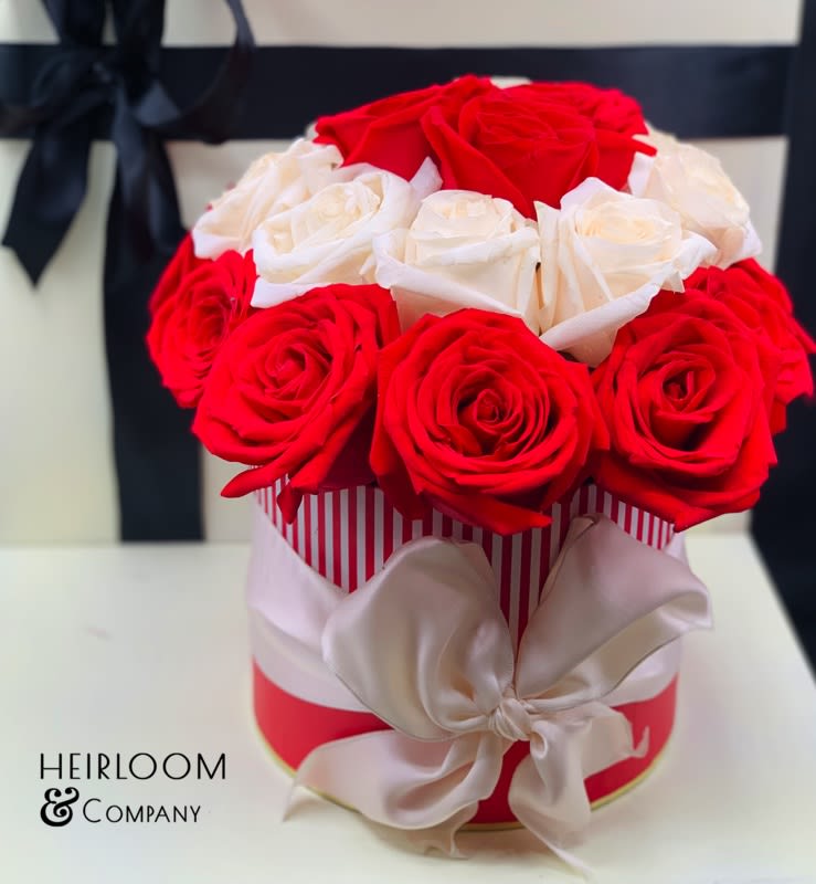 Red and white roses arranged in a round gift box with a satin bow.