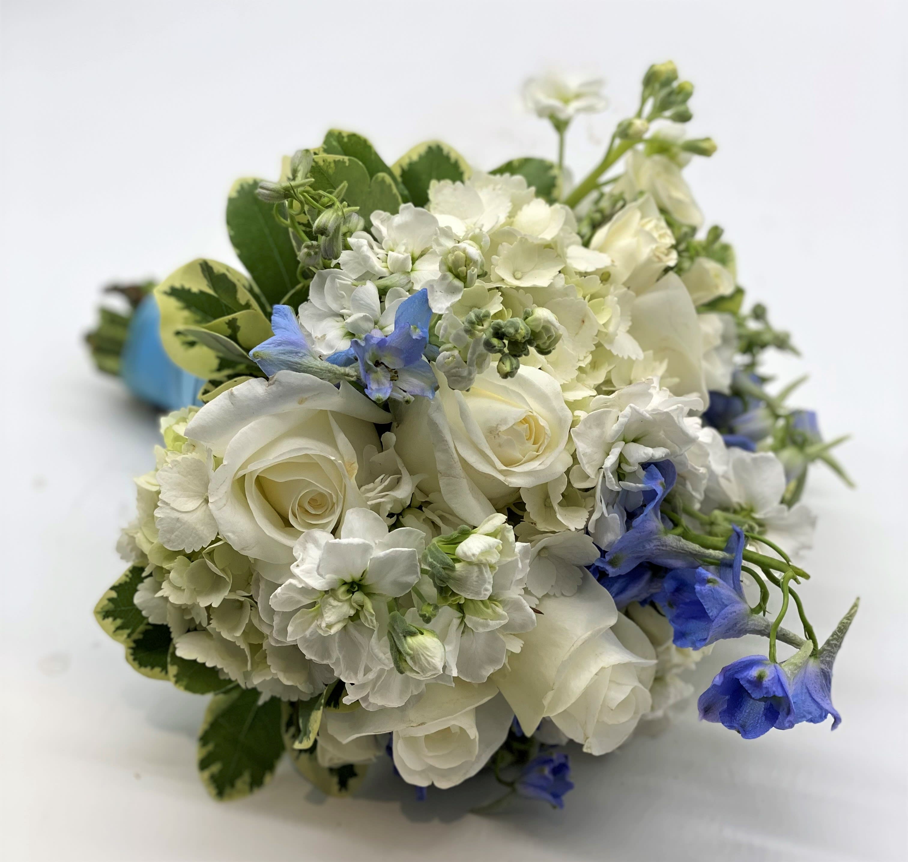The Bell Of The Ball Clutch Bouquet - White mix with light blue accents!