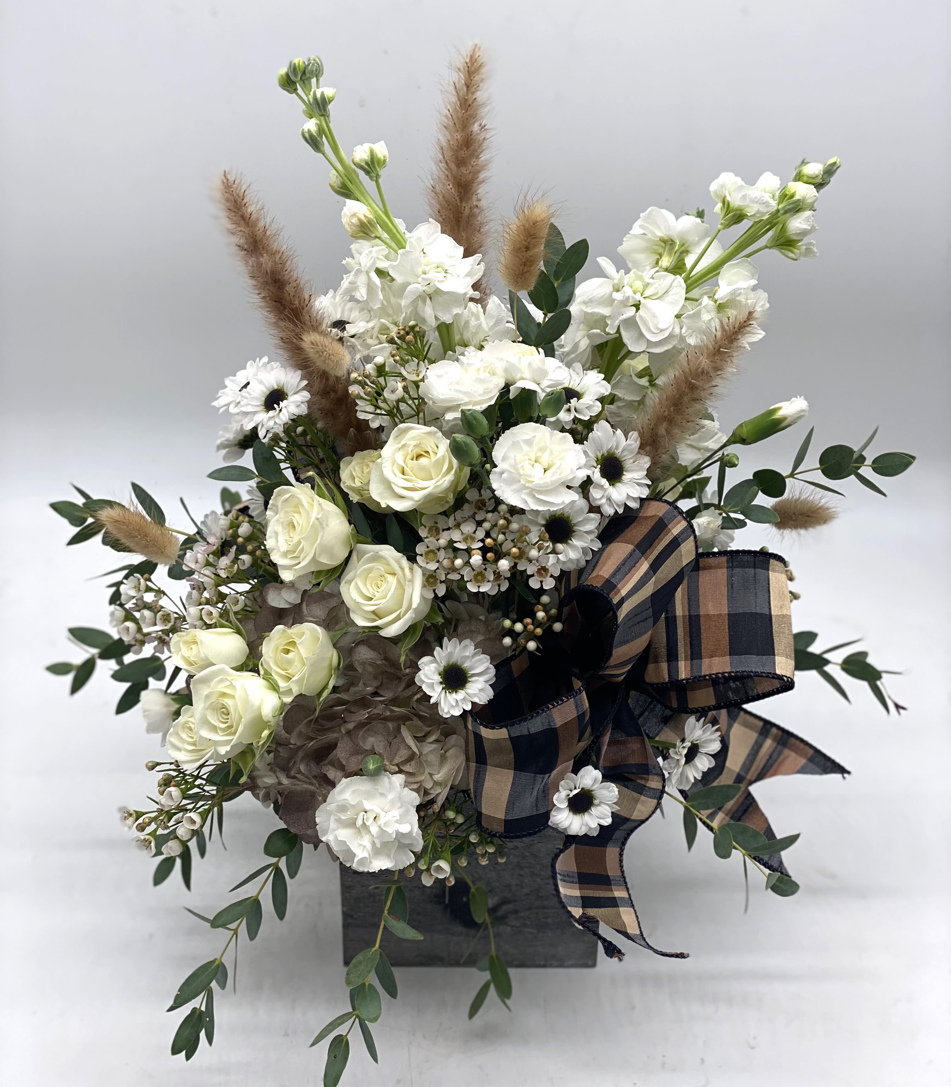 Rustic Harvest Bouquet - A beautiful, rustic blend of whites, browns, and creams designed in a wooden box with bow accents great for adding to your fall decor!
