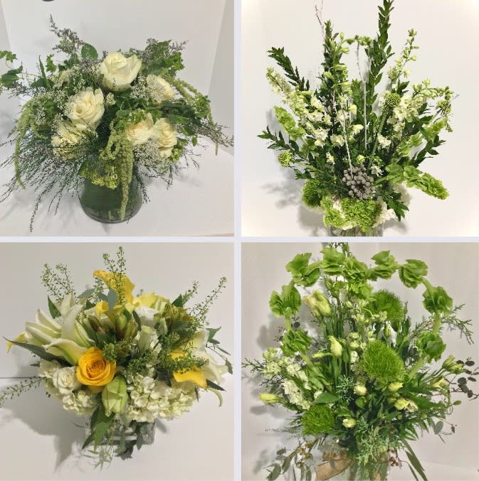 Collage of four white and green floral arrangements in glass vases, one accented with yellow flowers.