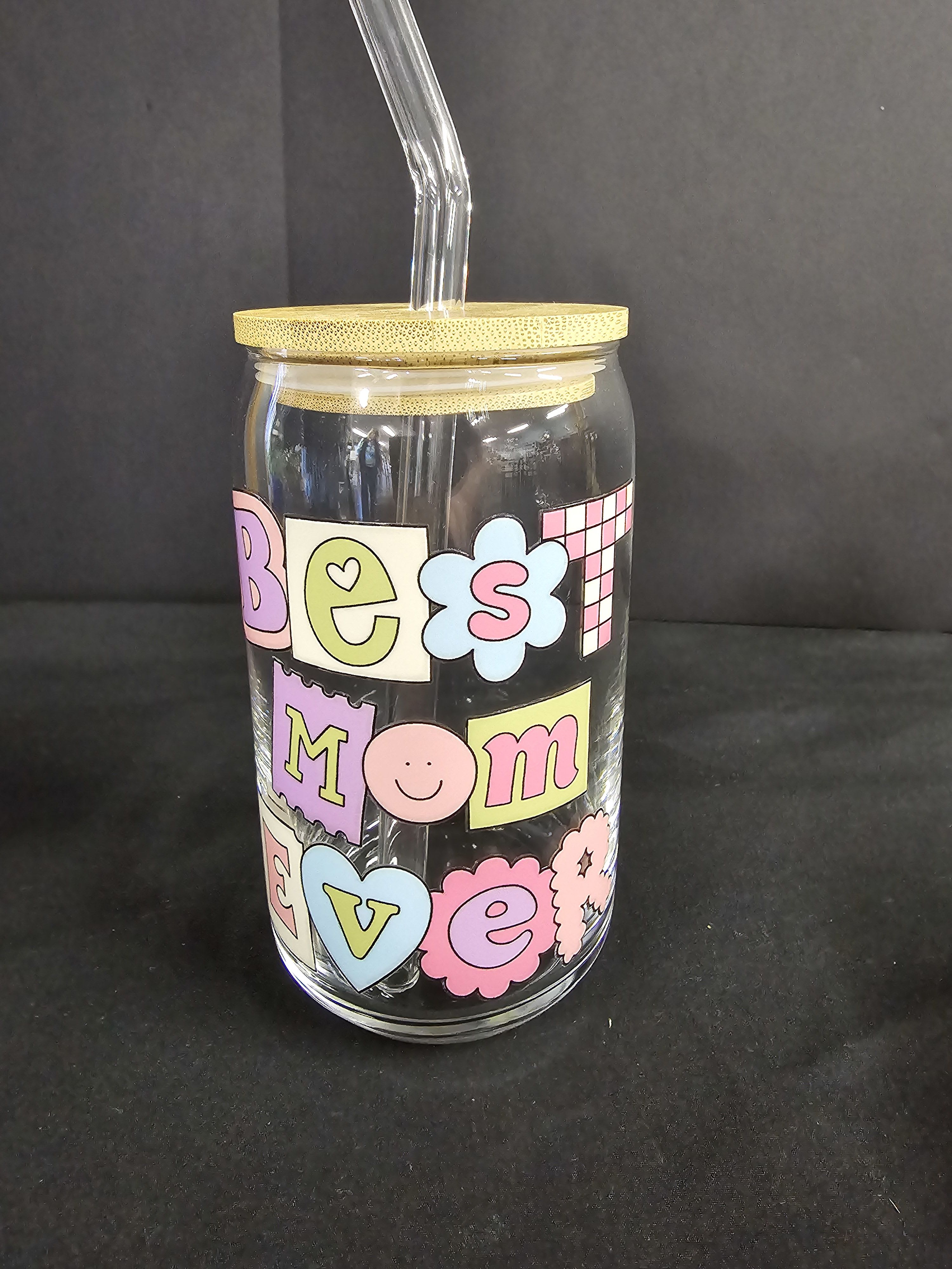 Best Mom Ever - Handmade Glass With Lid and either glass or rubber straw. Write in the notes which you prefer.