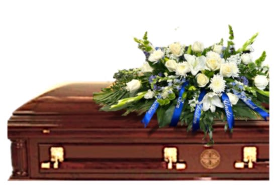 Blue and White Casket Spray Tribute  - Blue and White Casket Tribute offers a serene and heartfelt tribute, featuring a graceful blend of white roses, lilies, and chrysanthemums, accented with lush greenery and touches of delicate blue flowers. Vibrant blue ribbons add a personal and uplifting touch, symbolizing peace, love, and cherished memories. Designed to rest beautifully atop the casket, this arrangement conveys comfort and respect, serving as a loving farewell and a lasting expression of sympathy. (Casket not included)