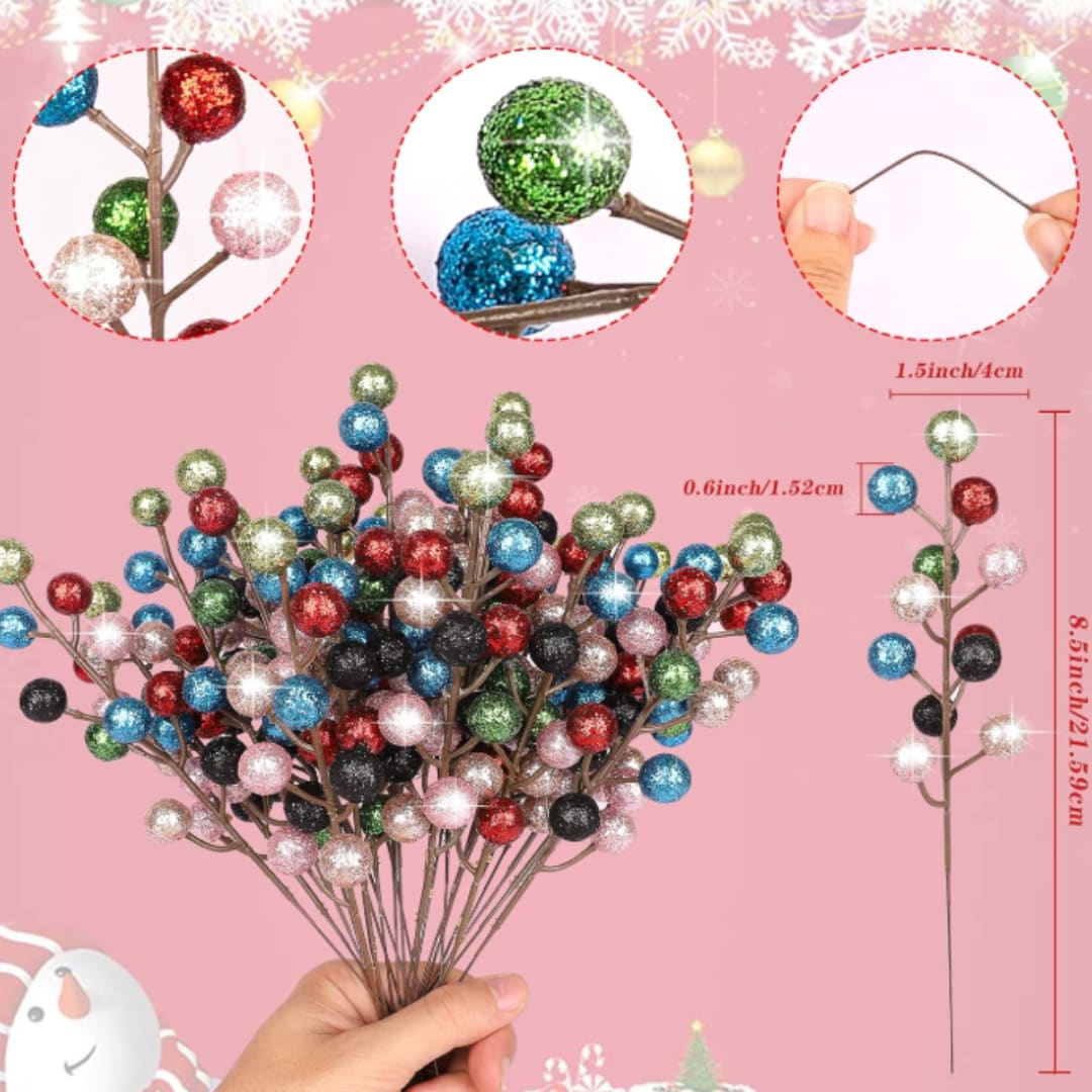 Hand holding a bunch of glittery multicolor berry picks
