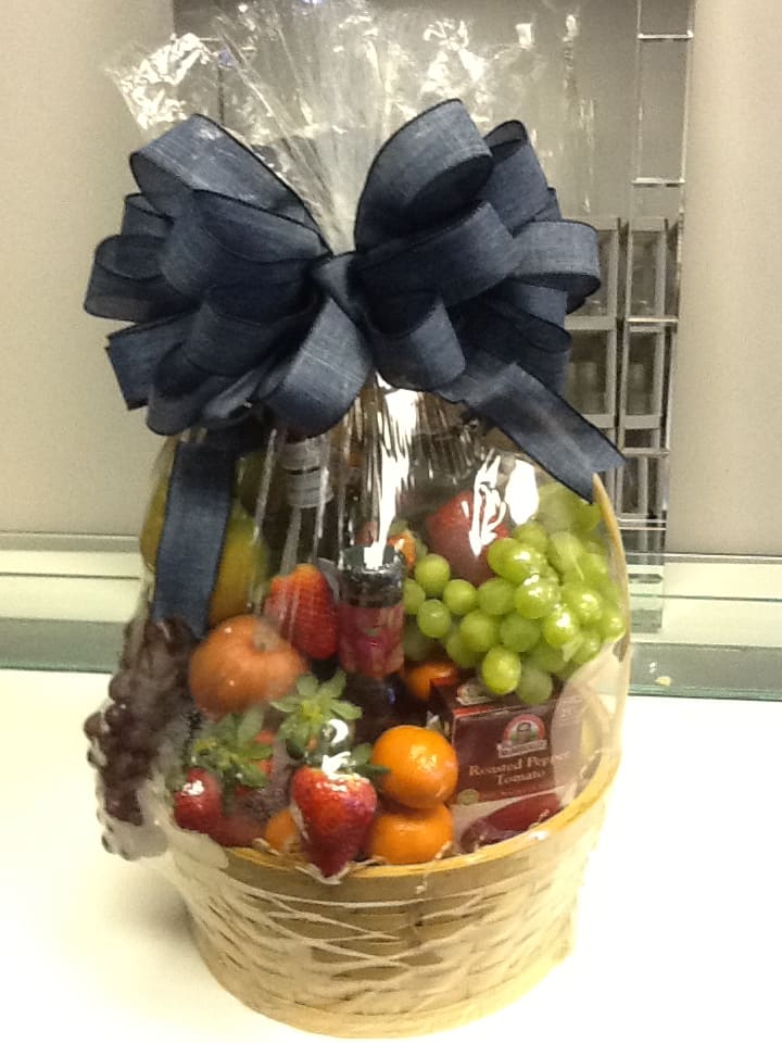 Fruit basket with a large blue bow