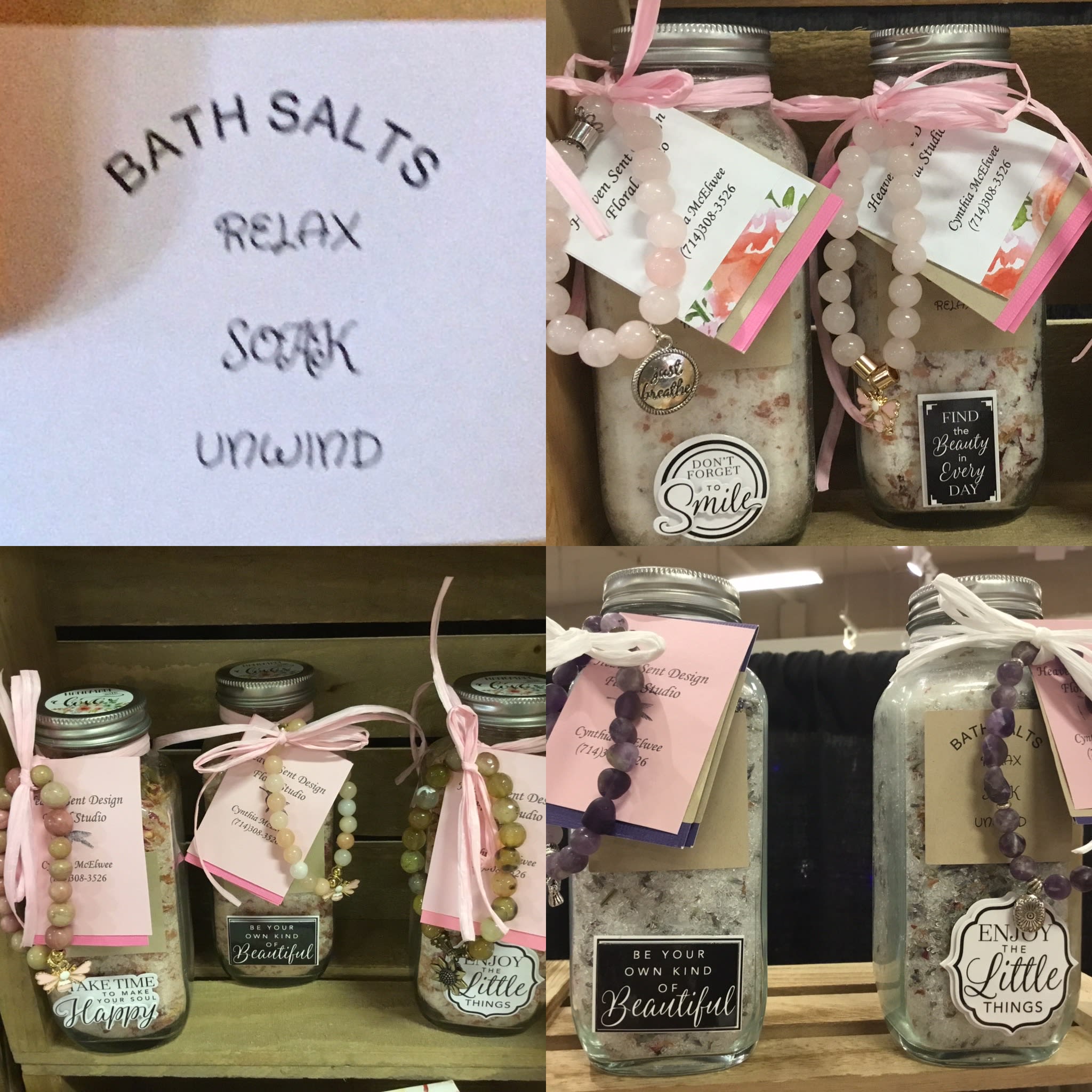 Decorative mason jars with beaded bracelets and pink ribbons on a shelf