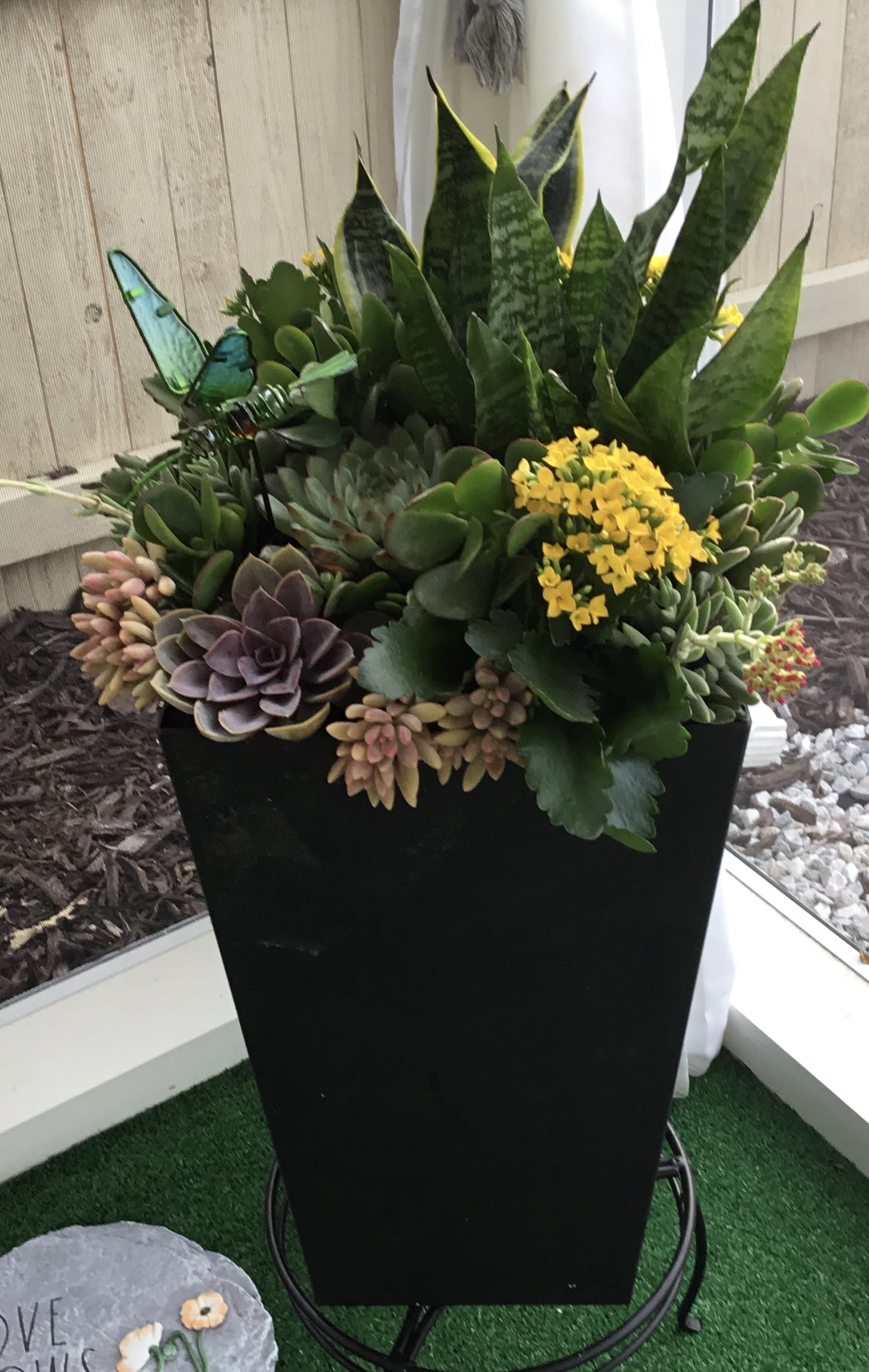 Succulent arrangement in a tall black planter with yellow blooms and butterfly accents