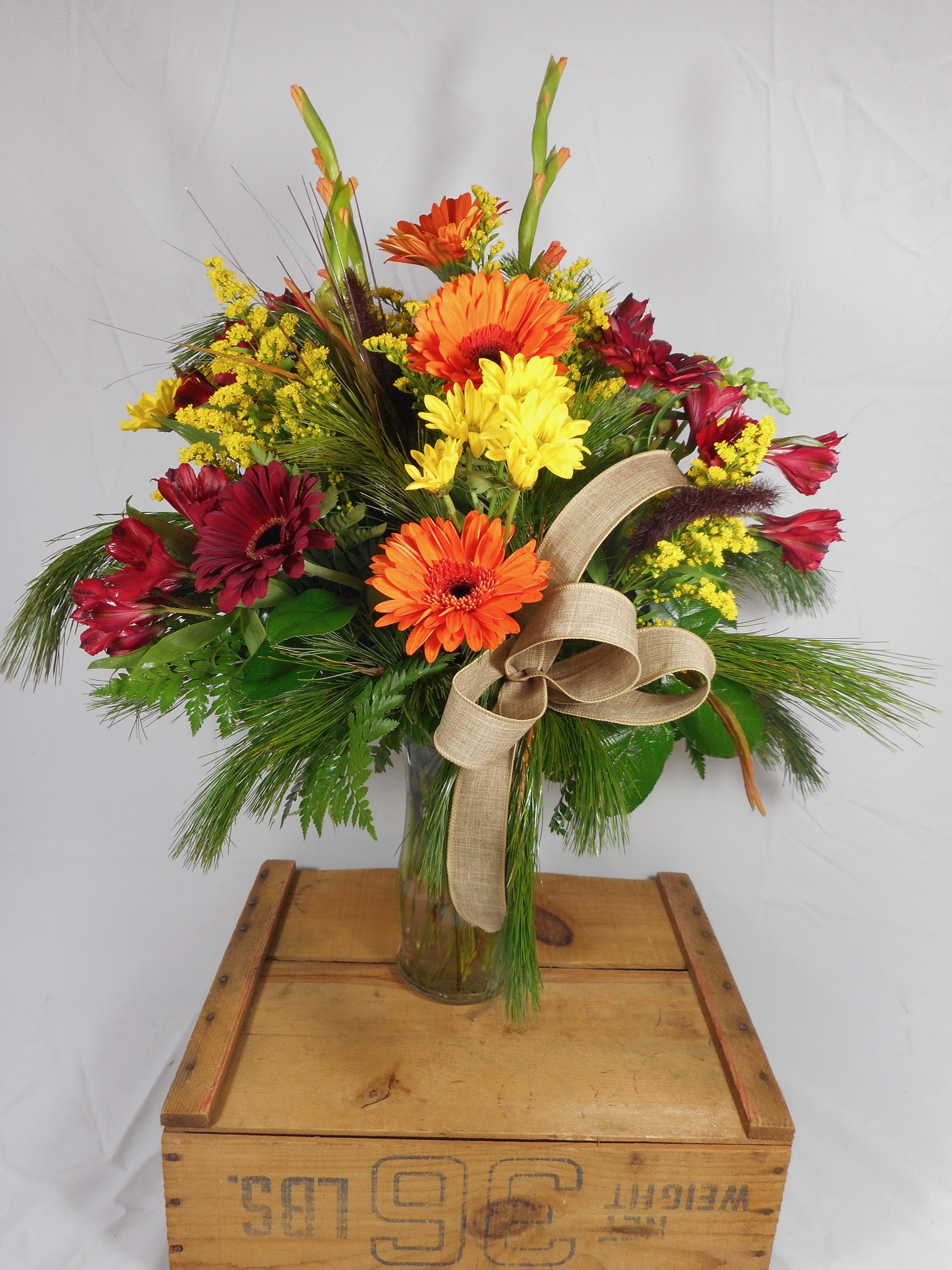 Harvest Time - Fall colors &amp; natural elements showcased in a traditional vase.