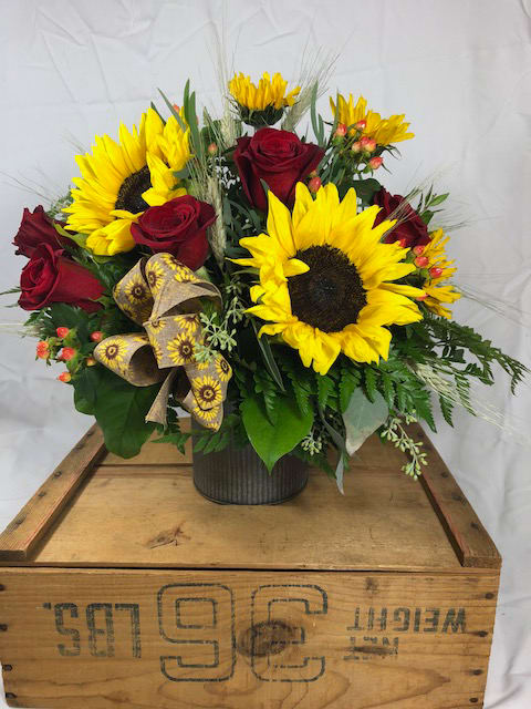Falling in LOVE - Fresh sunflowers accompanied by the flower of love. Accented with fall filler foliage.