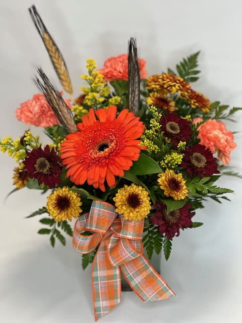 Fall Breeze - Seasonal fall flowers in a metal container