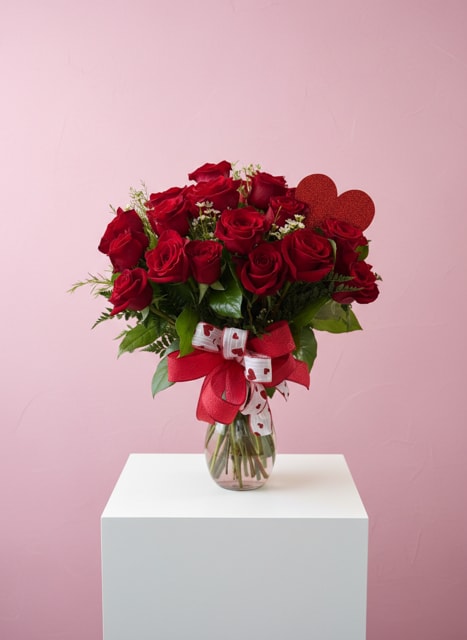 Amour - 2 "two" DOZEN brilliant red roses nestled in deep green foliage.