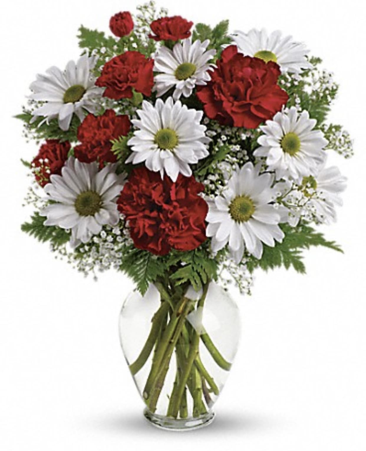Red carnations and white daisies in a clear glass vase