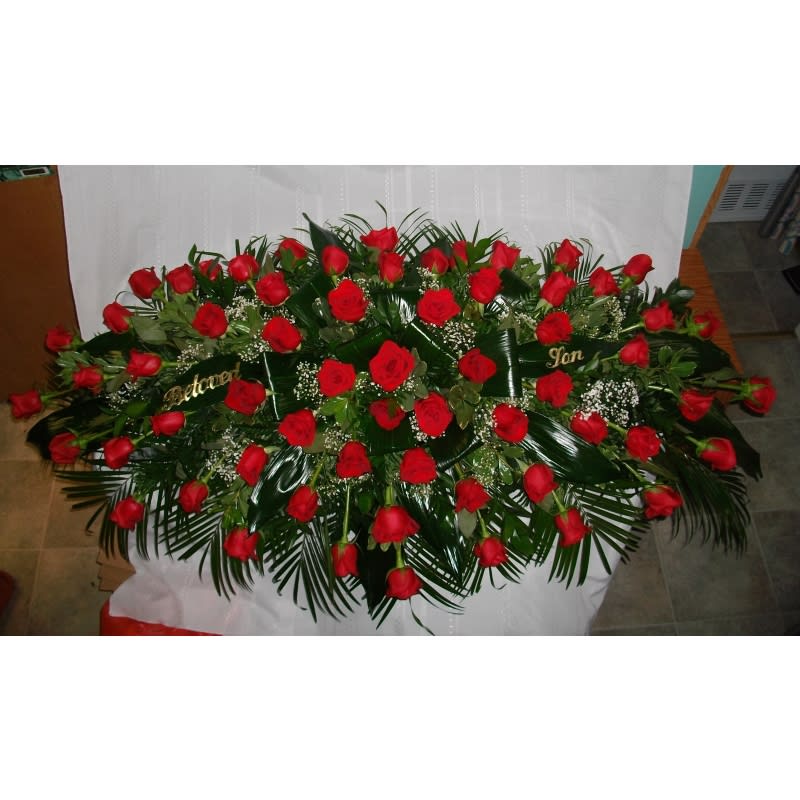 All Rose Full Casket Spray - A lovely casket spray to remember with beautiful roses! Please choose a color and what you would like the ribbon to say (Mom,Dad, Grandma Etc.) Product ID: allrosefullsprayfuneral 