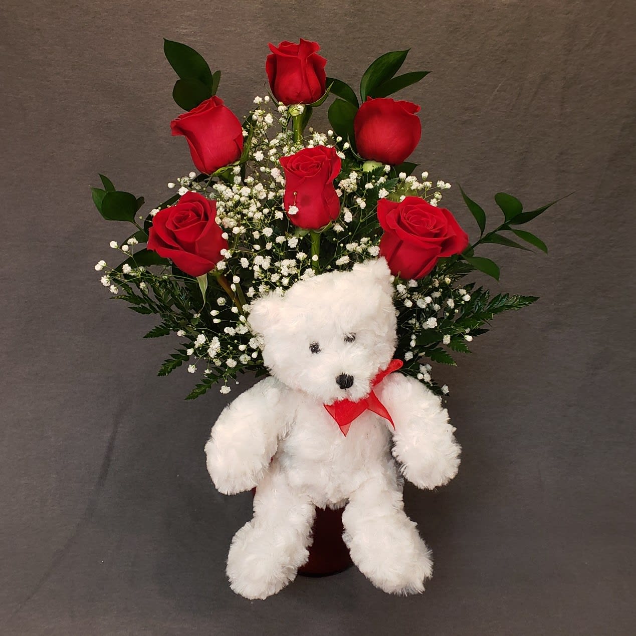 Cuddle Up - Half Dozen Roses with 10in White Bear  