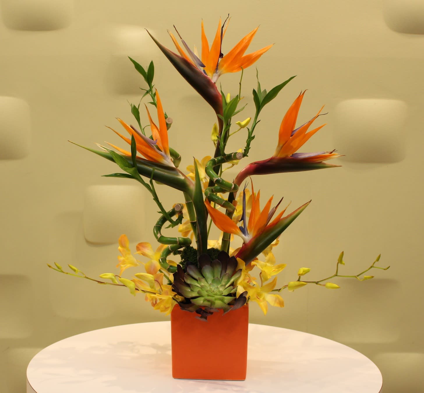 Oriental Japanese  Delight - Ceramic Orange Box  design with Birds of Paradise gold Orchids  Succulents  and Curly Lucky Bamboo. 