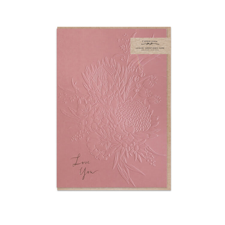 Pink embossed greeting card with floral design and "Love You" text
