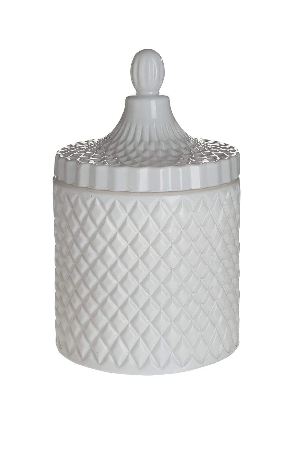 White lidded ceramic jar with a diamond pattern