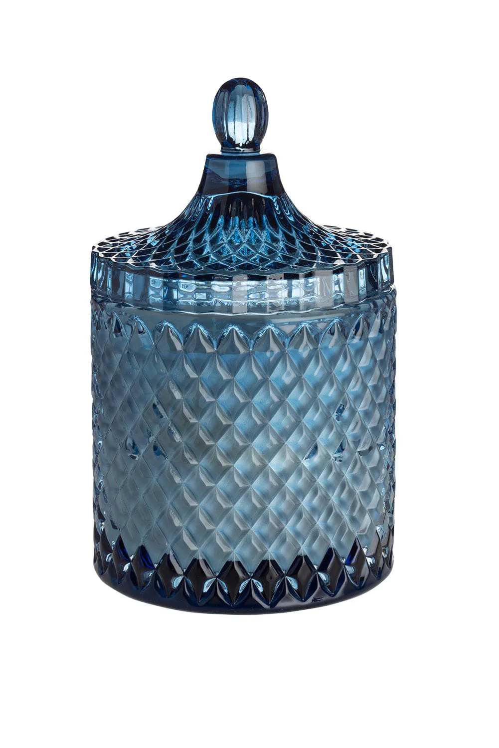 Blue glass jar with a faceted lid and knob