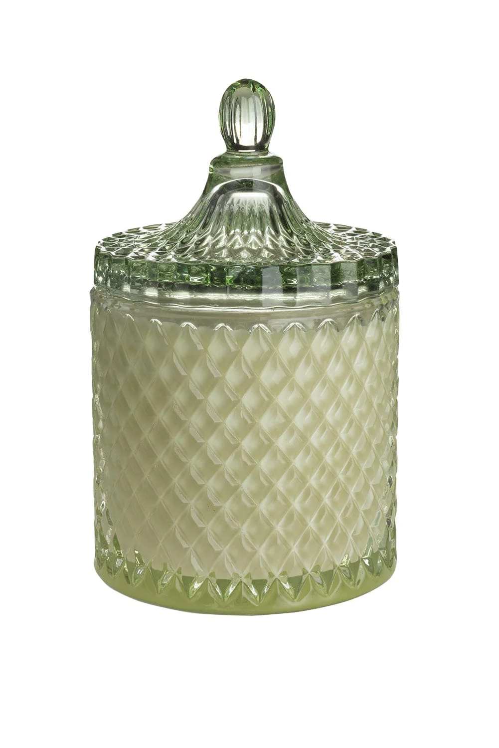 Green glass jar candle with a faceted lid