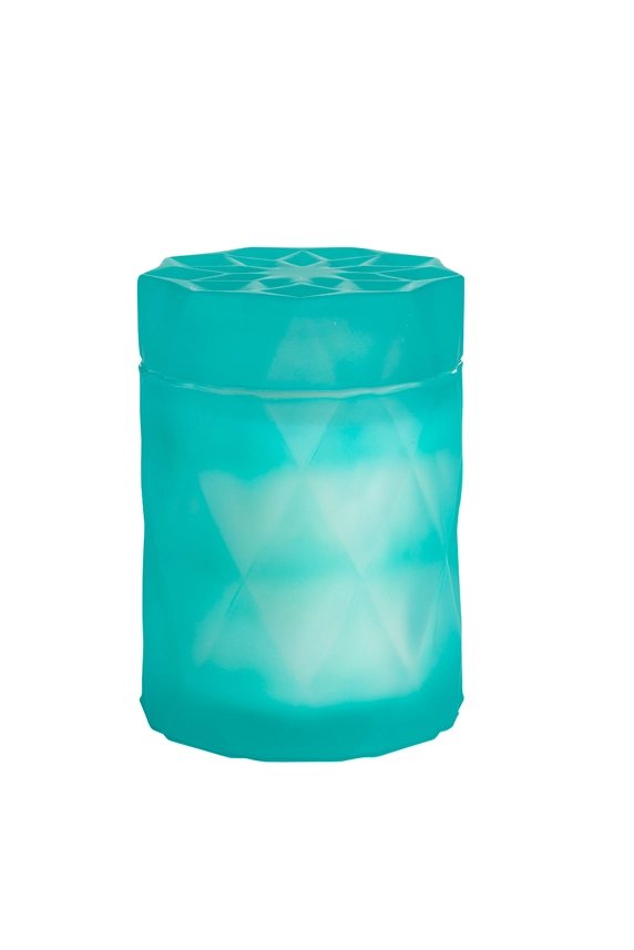 Turquoise cylindrical candle with a faceted top