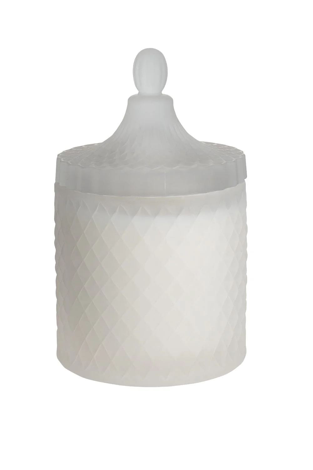 White lidded glass jar with a textured diamond pattern