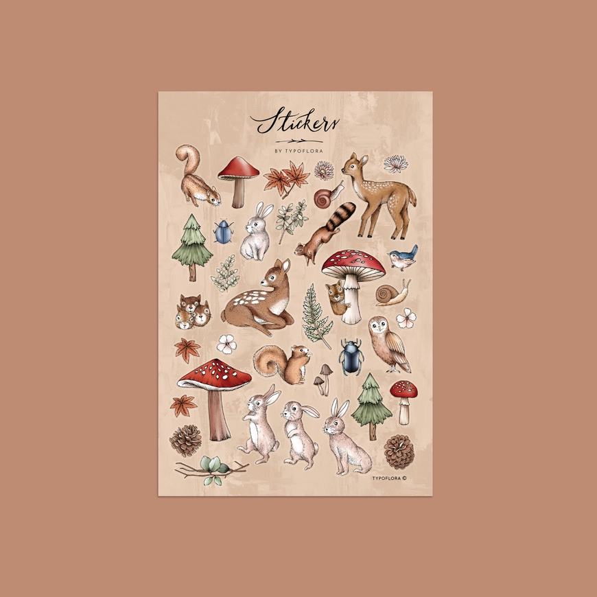 Woodland Sticker Sheet - Full color illustrated stickers sheet printed on matte coated stock with a total of 30 stickers. Great for decorating your planner, notebook, gift wrap or envelope! Package individually in a clear protective sleeve.