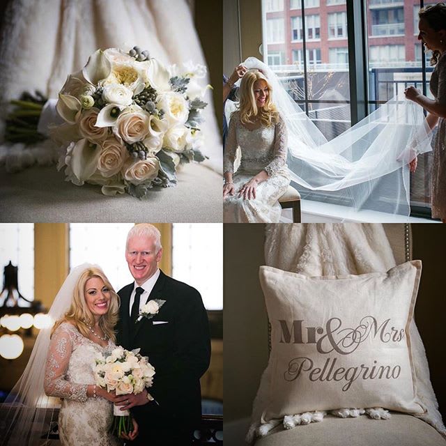 Wedding collage with a bridal bouquet, bride portraits, and a Mr &amp; Mrs pillow.