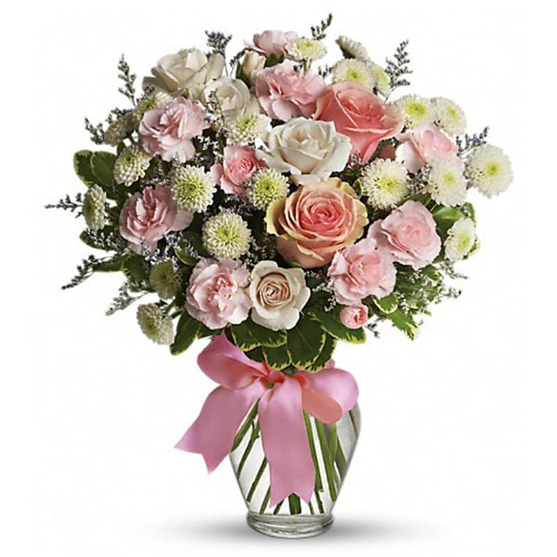 Cotton Candy Kisses Bouquet - Pink roses, pink &amp; white mini carnations, white button mums and assorted greenery vased with a pink bow.   Orientation: One-Sided 