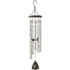 Hanging metal wind chime with a dark clapper and long tubes
