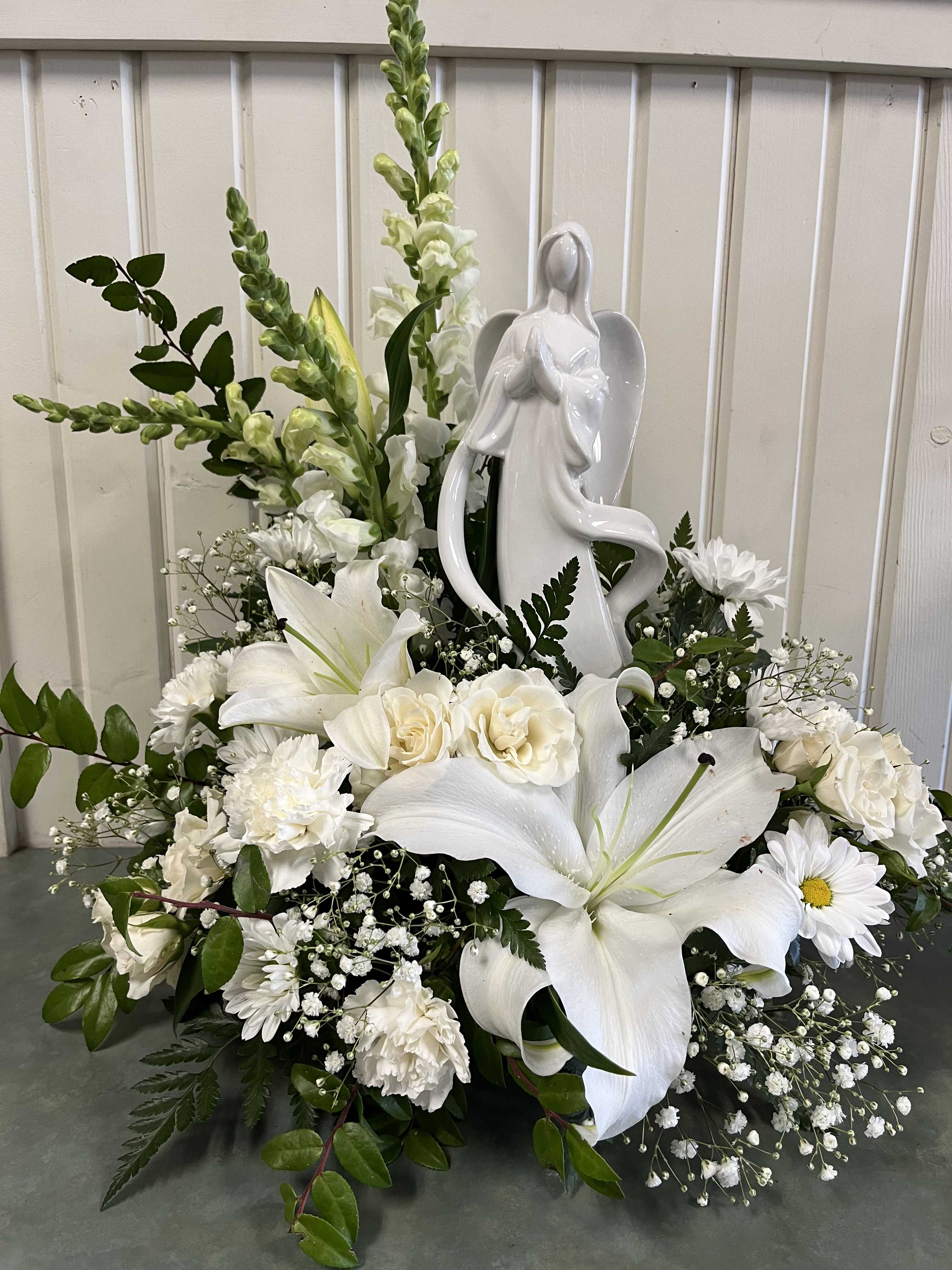 Praying Angel Bouquet - All white fresh flowers with an angel keepsake. 