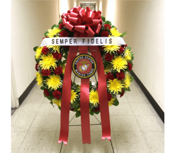  U.S. MARINE CORPS WREATH WITH PLACARD AND BANNER [TT-ANC75] - U.S. MARINE CORPS WREATH WITH PLACARD AND BANNER BY TWIN TOWERS FLORIST  STANDARD (As Shown): 30" WREATH WITH RED CARNATIONS AND YELLOW FUJI MUMS DELUXE UPGRADE: 30" WREATH WITH RED ROSES AND YELLOW LILIES ADDED PREMIUM UPGRADE: 36" WREATH WITH RED ROSES AND YELLOW LILIES ADDED