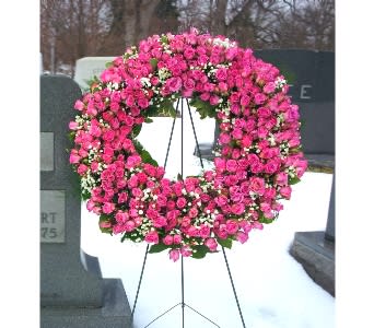  FIVE HUNDRED SPRAY ROSE WREATH [TT-ANC41] - 24" DIAMETER WREATH ON EASEL      As Shown : TT-ANC41 