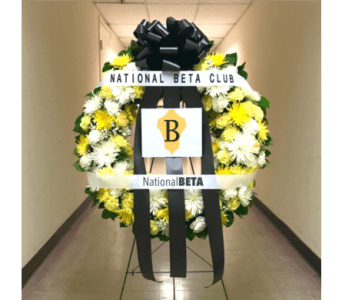 CUSTOM WREATH WITH PLACARD AND 2 BANNERS [TT-ANC64] - CUSTOM WREATH WITH PLACARD AND 2 HORIZONTAL PRINTED BANNERS  SPECIFY CUSTOM COLORS FOR FLOWERS AND BOW IN SPECIAL INSTRUCTIONS      As Shown : TT-ANC64 