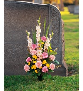 Graveside Remembrances [TT-ANC222-2] - This bright and colorful arrangement is designed in a special cone that can be placed directly into the ground at the grave.  Each bouquet contains a vibrant assortment of long-lasting flowers that are ideal for anniversaries or other special days.  Approximately 17" W x 34" H  Orientation: One-Sided      As Shown : [TT-ANC222-2]  