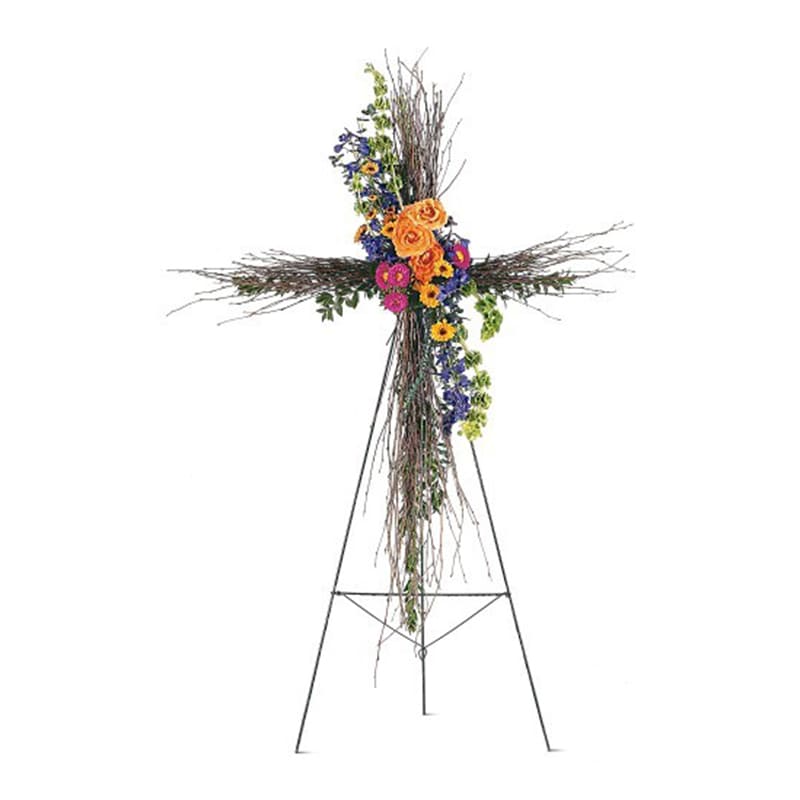 Birch Compassion Cross [TF203-4] - A natural birch cross decorated with colorful flowers offers faith and compassion in a simple, yet beautiful way.  One natural birch cross on an easel arrives with a cluster of vibrant fresh flowers including asters, roses and delphinium.  Approximately 36" W x 51" H  Orientation: One-Sided      As Shown : TF203-4 
