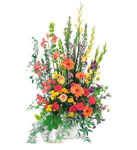 Summer Sentiments Arrangement [TF203-1] - In celebration of a life well lived, this arrangement features an uplifting collection of summer's most delightful flowers.  Each bouquet features yellow gladioli, orange gerberas and alstroemeria, red carnations, roses and purple asters in a traditional white urn.  Approximately 27" W x 45" H      As Shown : TF203-1  