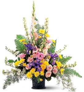  Loving Tribute [TF185-7] - This lovely fan-shaped arrangement, with its soft traditional shapes, displays just the kind of loving tribute you want to send.  One arrangement is delivered with peach gladioli, white larkspur, yellow chrysanthemums, peach spray roses and blue iris in a classic jardiniere.  Approximately 33" W x 36" H  Orientation: One-Sided      As Shown : TF185-7  