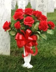 [TT-ANC25]:  SILK RED ROSE ARRANGEMENT  (ARTIFICIAL FLOWERS) - 12 SILK RED ROSES ARRANGED IN A WHITE PEDASTAL CONE WITH SPIKED BASE  (ARTIFICIAL FLOWERS)      