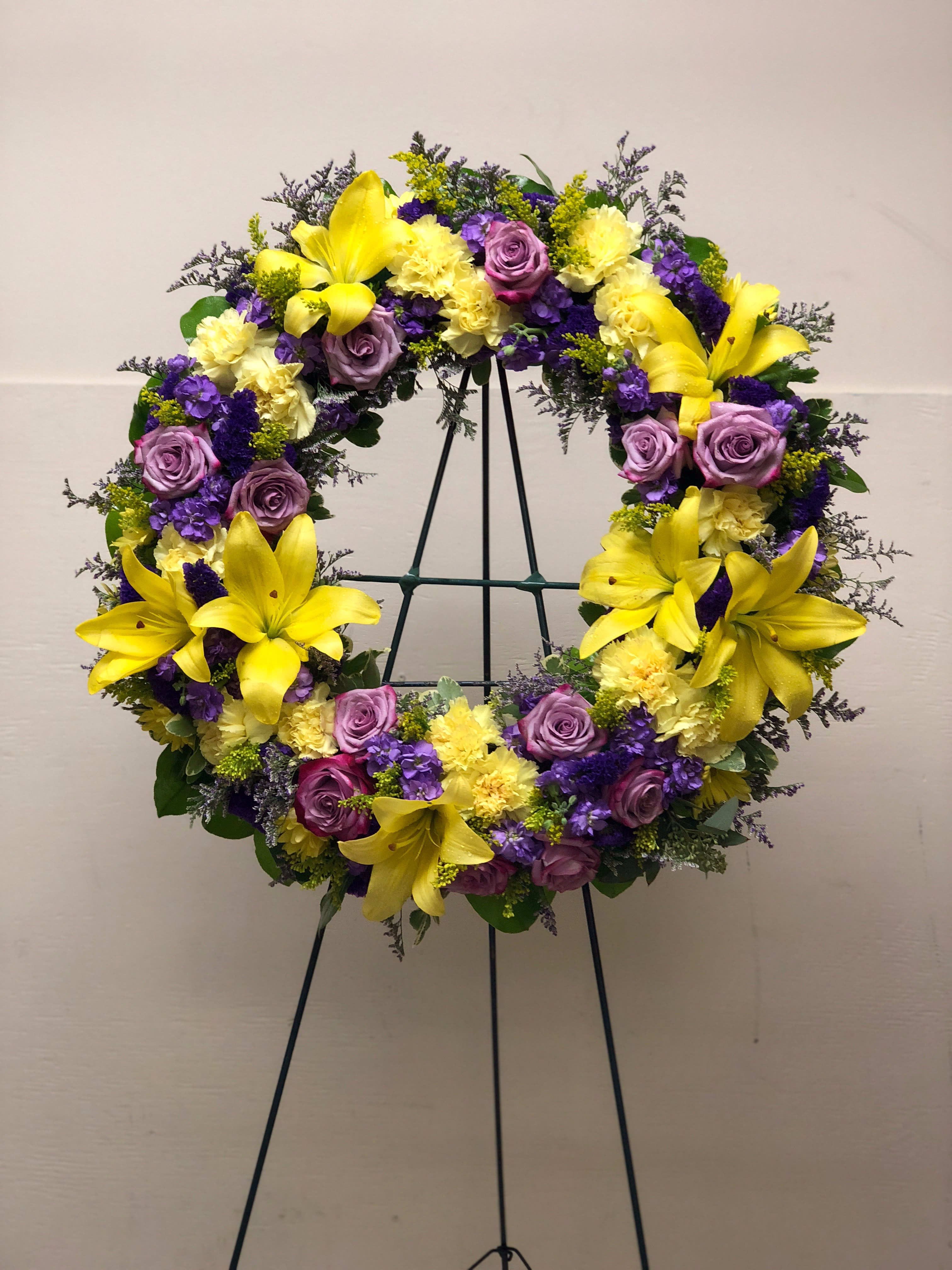 30" CELEBRATION OF LIFE MEMORIAL WREATH ON EASEL - 30" CELEBRATION OF LIFE MEMORIAL WREATH ON EASEL BY TWIN TOWERS FLORIST