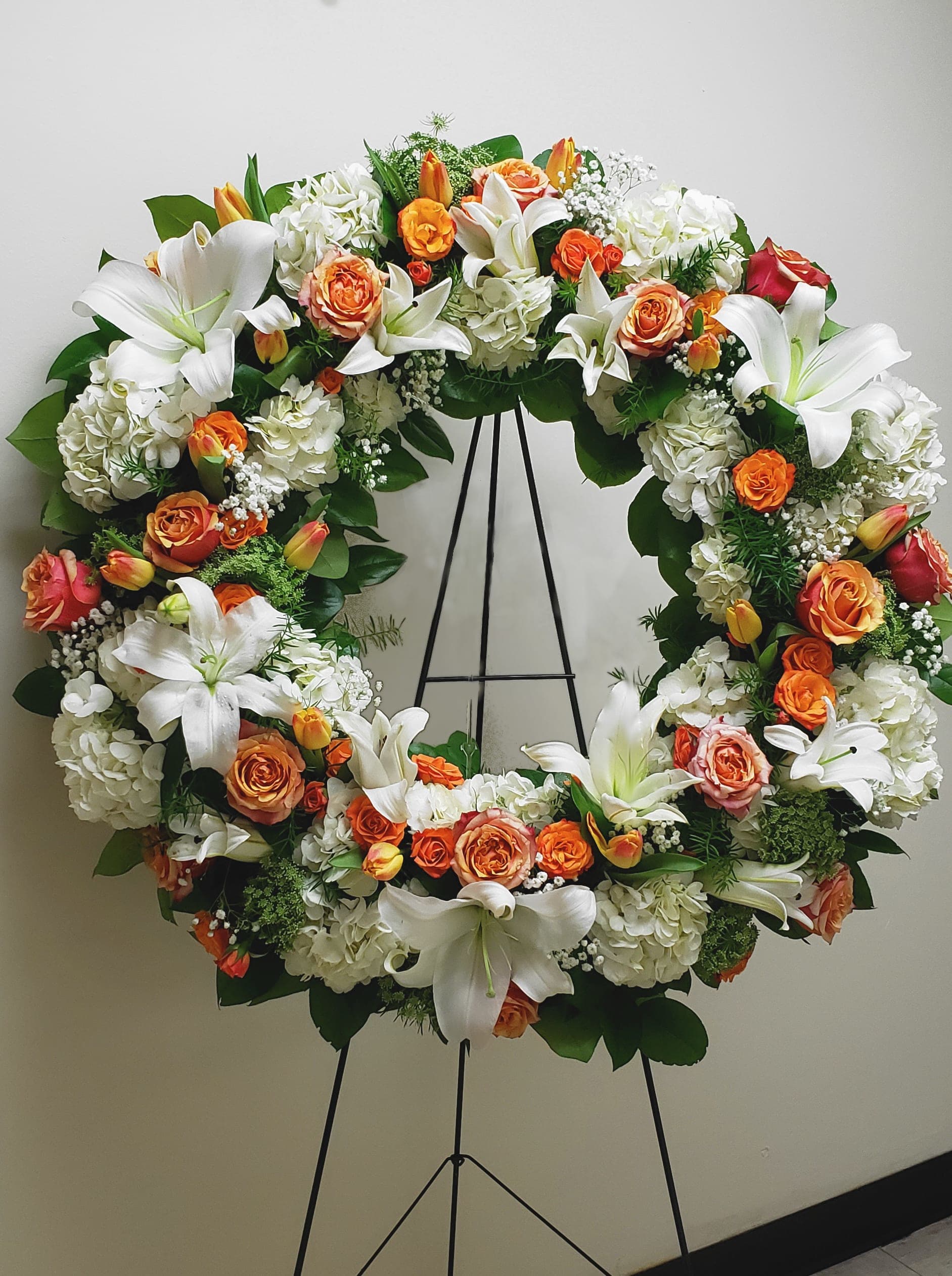 36" CHERISHED MEMORIES WREATH ON EASEL - 36" CHERISHED MEMORIES WREATH ON EASEL BY TWIN TOWERS FLORIST