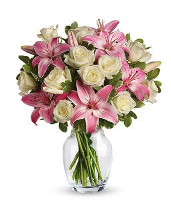 Stunning Pink and White Love Bouquet  - A stunning vase of pink lilies, white roses, and variegated pittosporum greenery.  A soft and elegant way of saying "I love you."