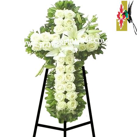 STANDING SPRAY CROSS WHITE - WHITE ROSE
