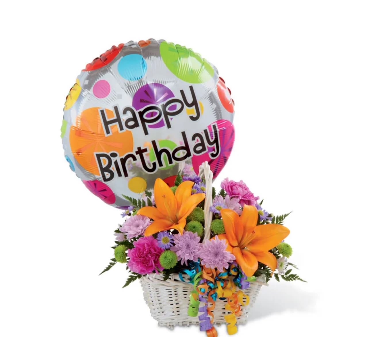 Birthday balloon with bright orange lilies and mixed flowers in a white basket