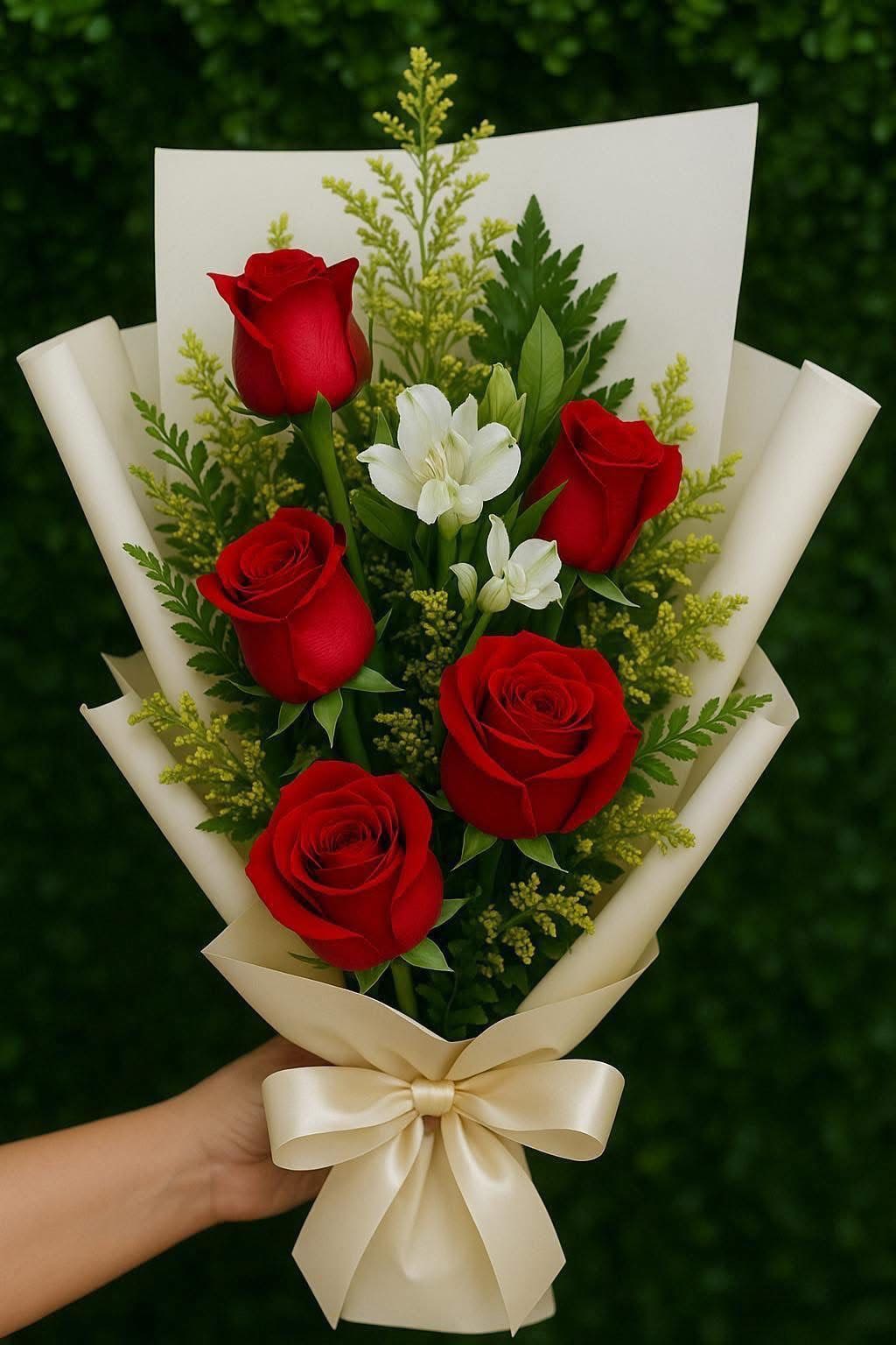Five Reasons I Love You - Five Reasons I Love You is a romantic wrapped bouquet featuring five stunning red roses, symbolizing love, passion, and devotion. Designed with fresh greenery and soft white accents, then finished with elegant wrapping and a satin bow, this bouquet is simple, classy, and full of meaning. Perfect for Valentine’s Day, anniversaries, or a sweet surprise that speaks straight from the heart.