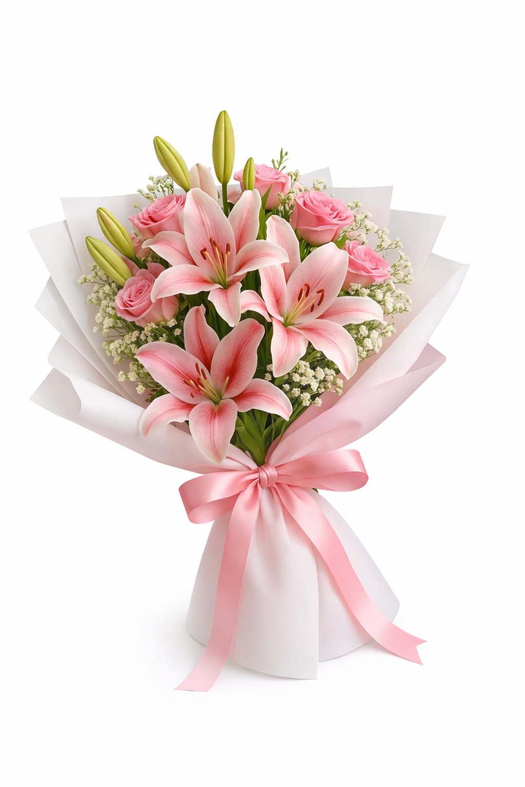 Pink lilies and roses in white wrapping with a pink ribbon