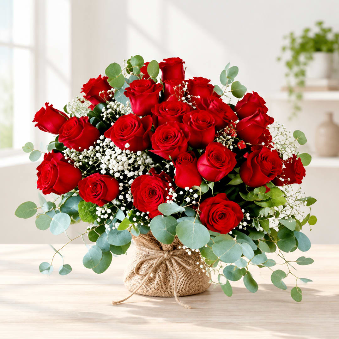 Bouquet of red roses with baby's breath in a burlap-wrapped base