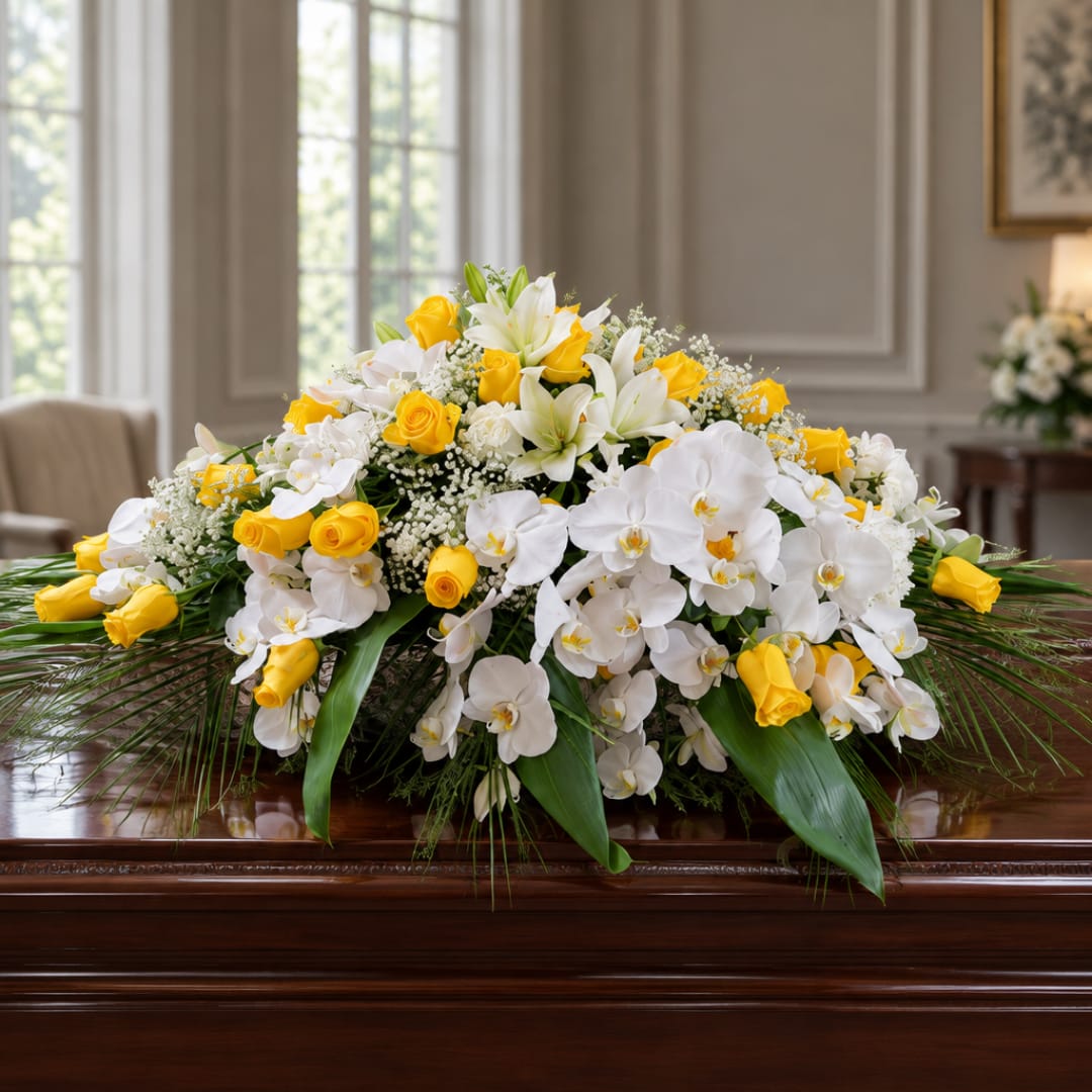 White orchids and yellow roses arranged on a casket